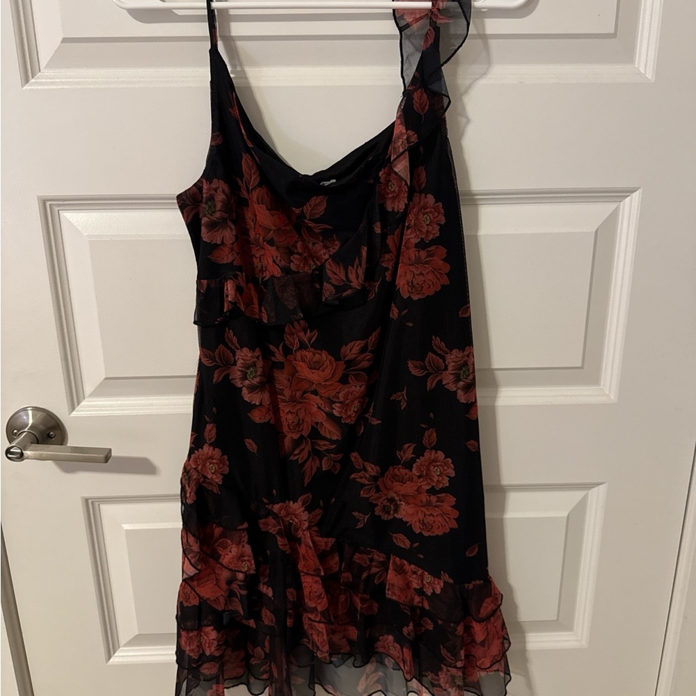 Peppermayo Black Dress with Red Floral Accents